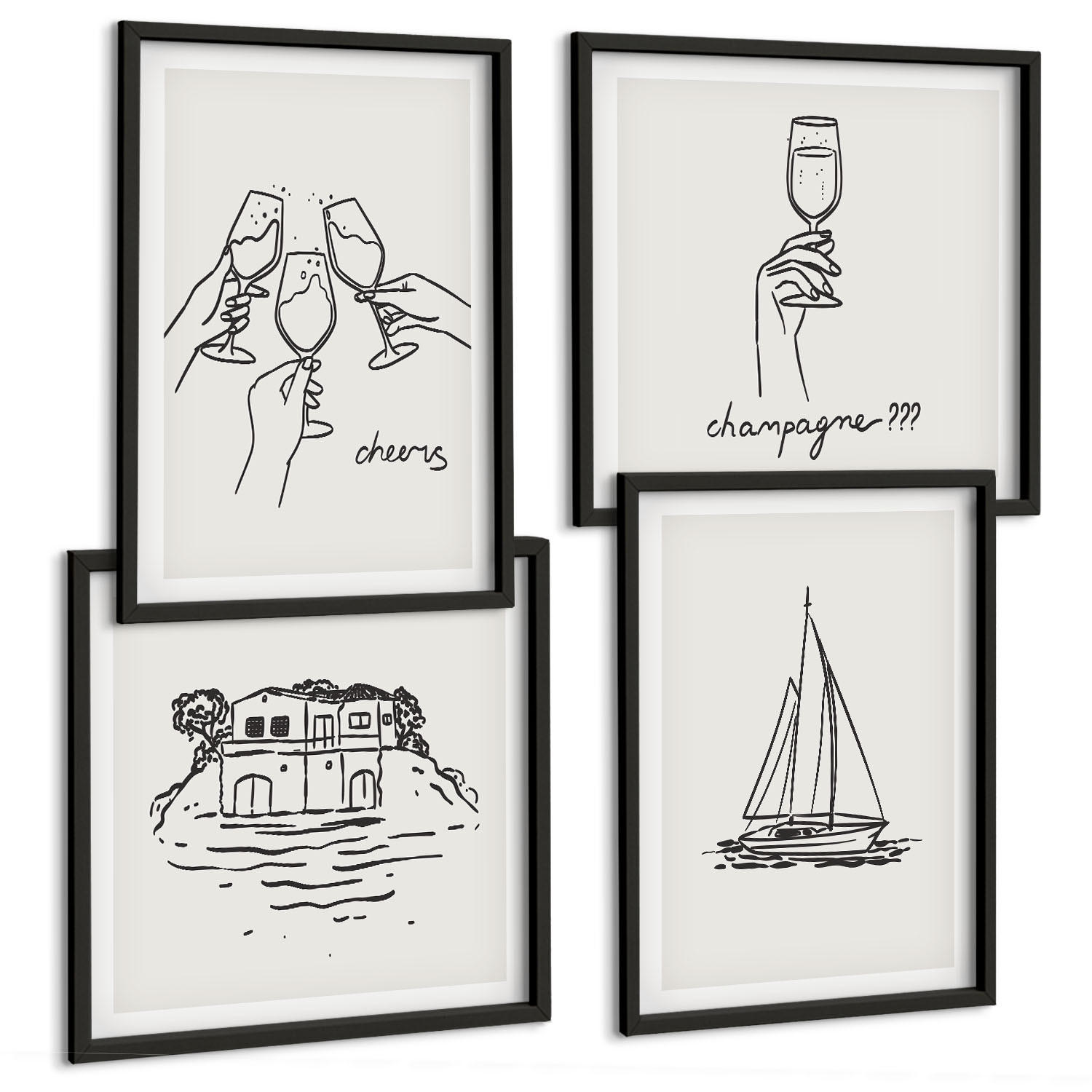 BILDER SET 4er Set - 50x50 cm & 40x60 cm Schwarzer Rahmen - Haus am Wasser, Toastsegelboot - Schwarz, Kunststoff (50/50cm) - TULUP