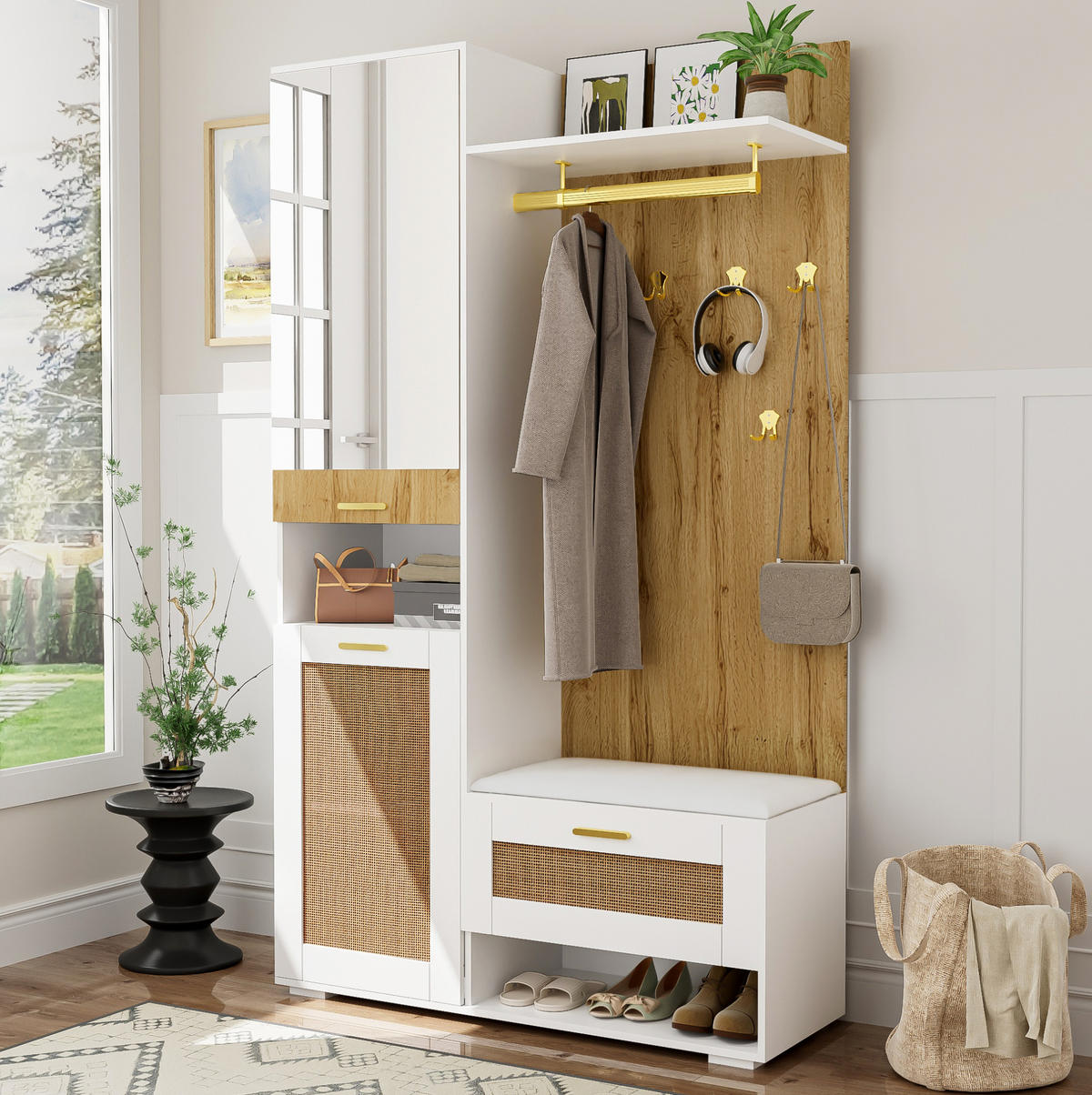 SCHUHSCHRANK aus MDF & Spanplatte 110x38x190cm in Natur mit Spiegel & LED - Naturfarben, Holzwerkstoff (110/190/38cm) - Modfu