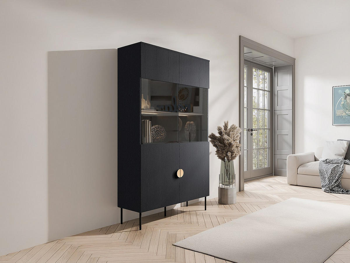 VITRINENSCHRANK mit 2 Türen & 4 Ablagefächern - Mit LED-Beleuchtung - Schwarz & Goldfarben - NATANIEL - Schwarz, Glas (106.6/187.6/40cm) - Vente-Unique