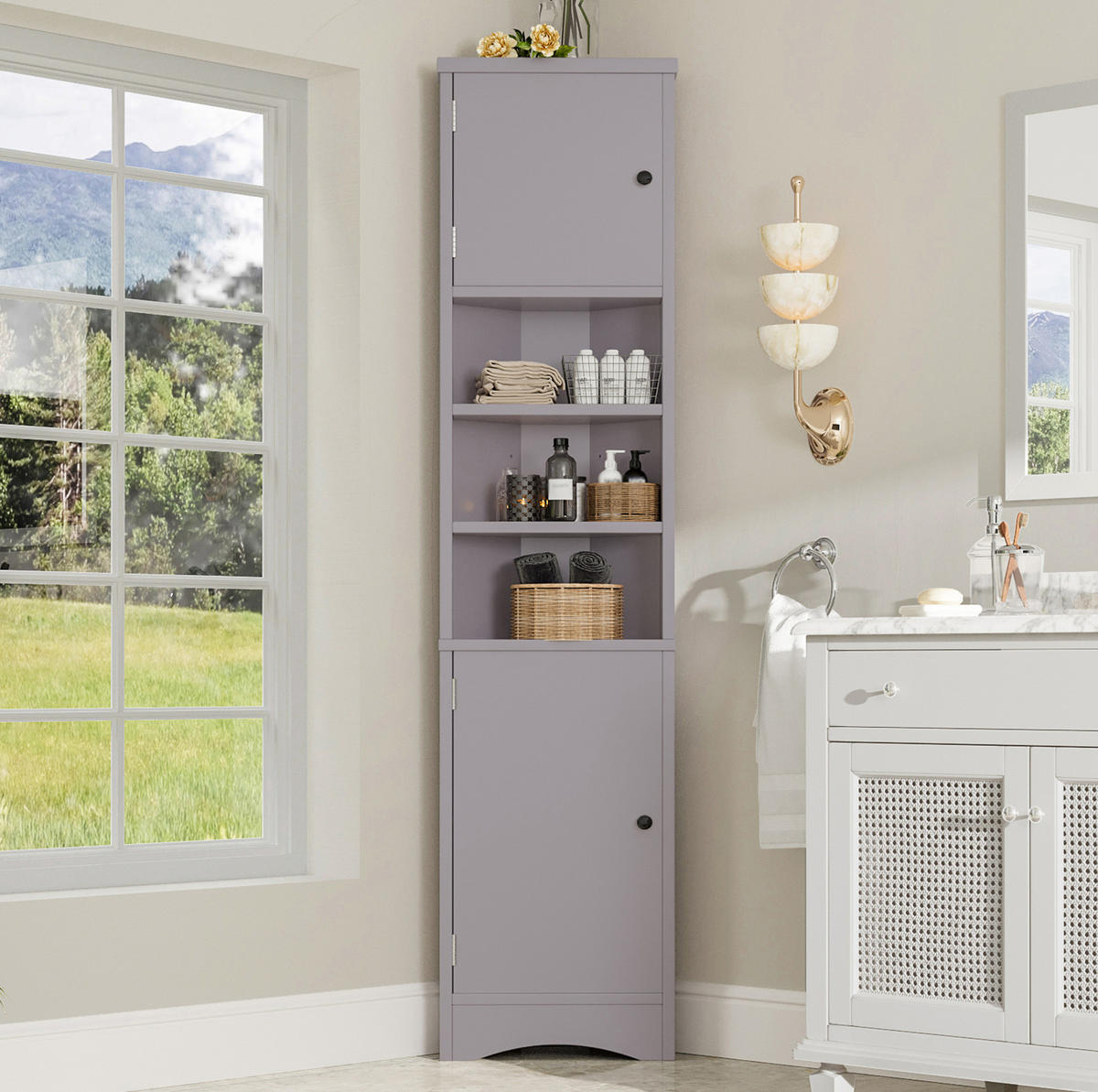 ECKSCHRANK 36.5x24.5x170cm in Grau, mit 2 Türen & verstellbaren Regalen - Grau, Holzwerkstoff (24.5/170/36.5cm) - Modfu