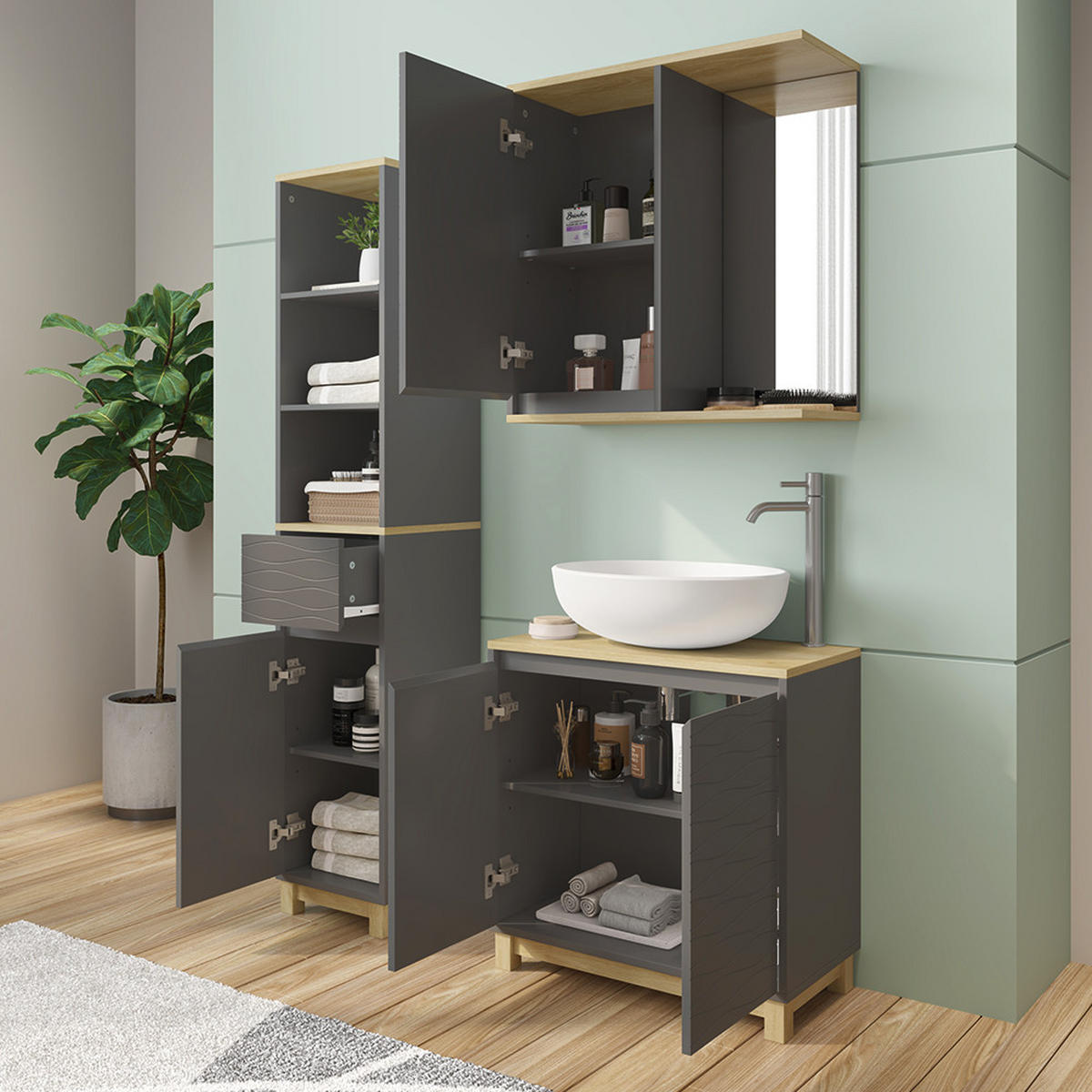 KOUPELNOVÝ NÁBYTEK Livia Antracit/dub - antracitová, kompozitní dřevo (60/60/30cm) - Vicco