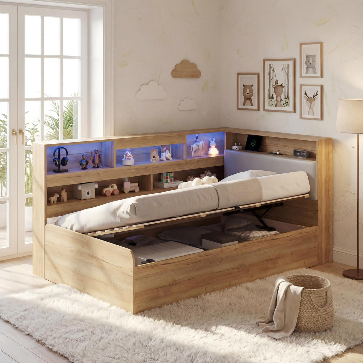 DAYBETT Natur 90x200 LED USB Hydraulik Stauraum Holz - Naturfarben, Holzwerkstoff (90/200cm) - FLIEKS