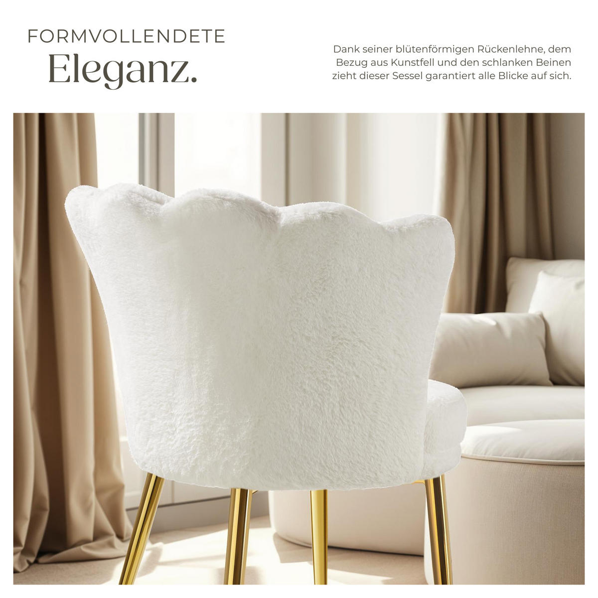 SESSEL Stella,67 x 64 x 76 cm,Kunstfell creme/gold - Goldfarben/Creme, Textil (67/76/64cm) - tectake