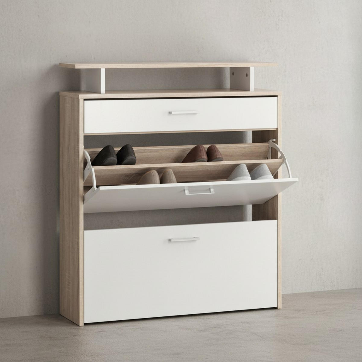 SCHUHKIPPER – Sonoma Eiche, 4 Fächer, großzügige Ablage, MDF-Holz - Beige, Holz (80/95/24cm) - KADIMA DESIGN