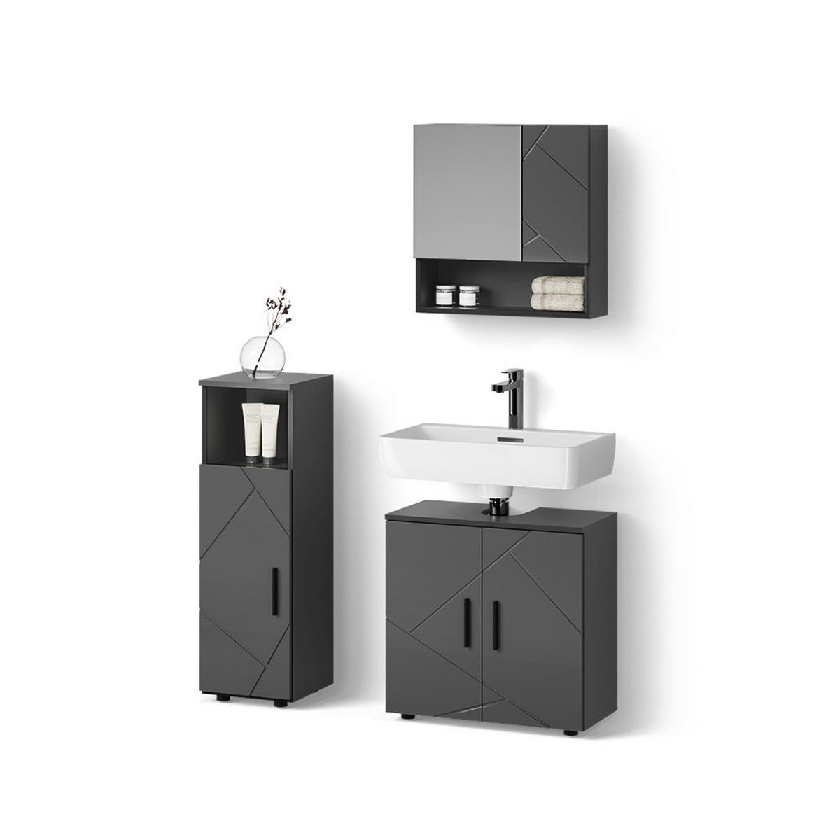 BADMÖBEL-SET Ronco Anthrazit Hochglanz 3 Teile - Schwarz Hochglanz/Anthrazit, Holzwerkstoff (60/95/30cm) - Livinity®
