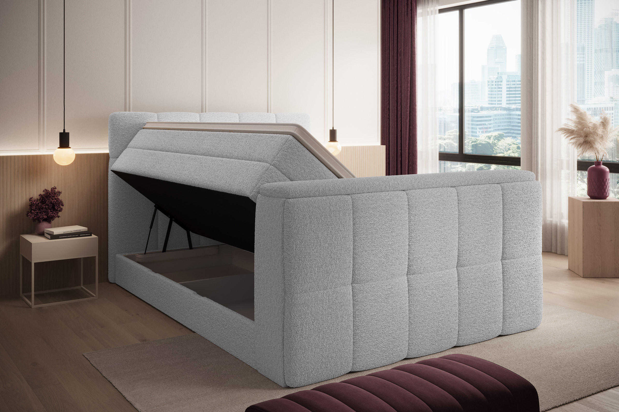 BOXSPRINGBETT Madison 3 hellgrau 200/200 H2/H3 mit TV-Lift - Hellgrau, Textil (200/200cm) - wonello