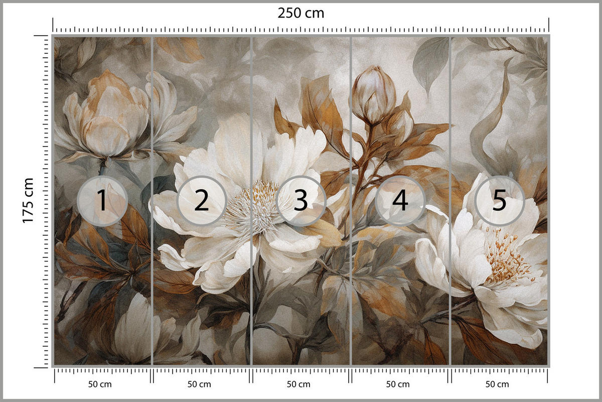 FOTOTAPETE für Wohnzimmer Blätter Abstrakte Blüten Pflanzen Retro 250x175 - Grau, Papier (250/175cm) - Muralo