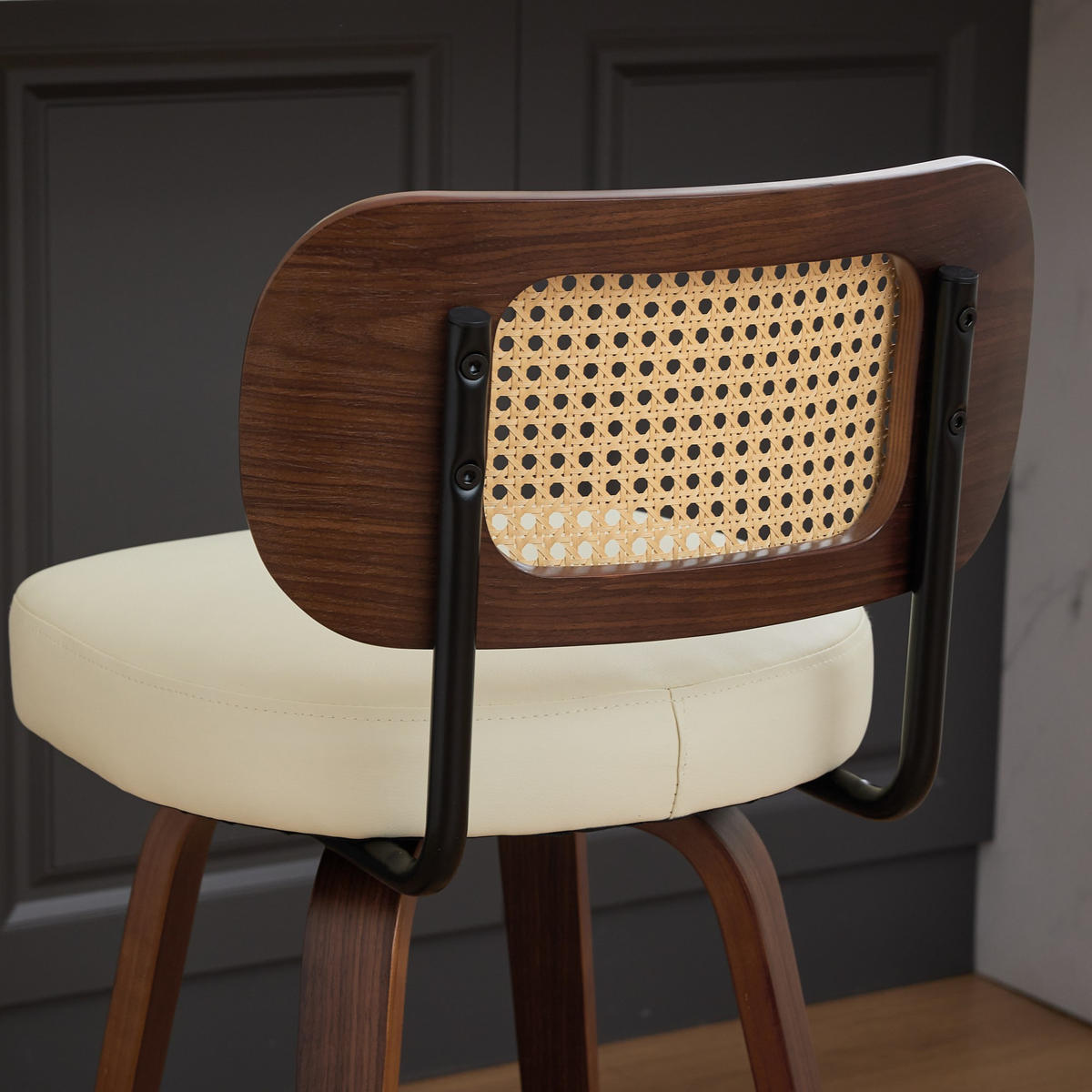 BARHOCKER 2er-Set drehbar mit Rattanlehne, Walnuss/Beige - Beige, Kunststoff (56/90/43cm)
