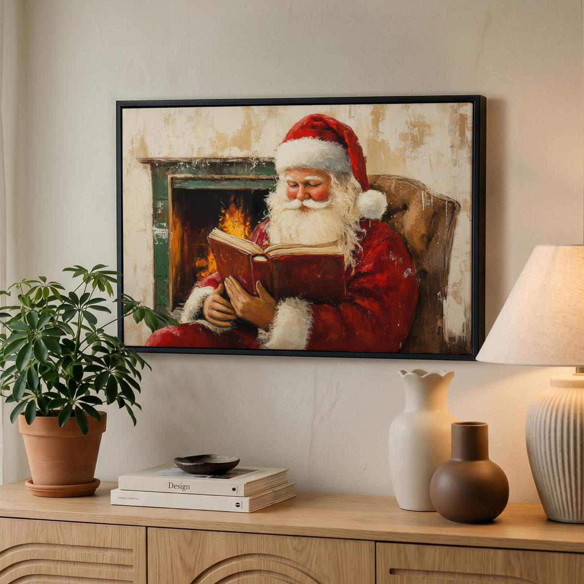 LEINWAND Bilder mit Rahmen - Weihnachten - Weihnachtsmann - Winter - Open Fireside - 60x40 - Dunkelrot, Textil (60/40cm) - MuchoWow