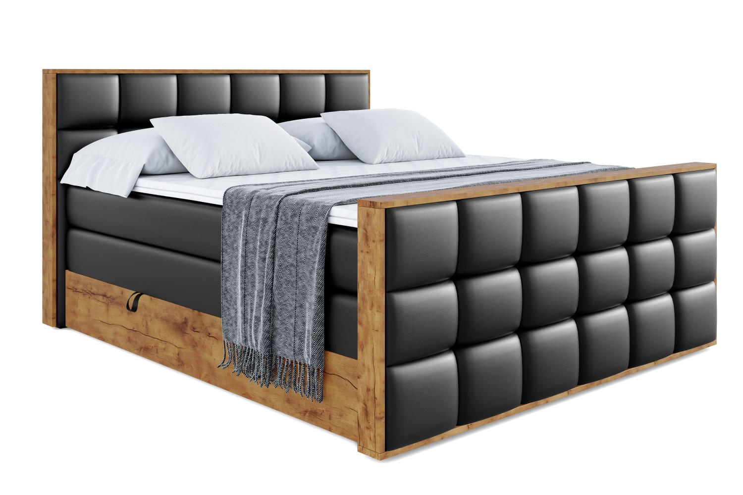 BOXSPRINGBETT mit Matratze H3|H4 und Lattenrost - LOLLI2-Z KING-160x200 - Schwarz Kunstleder - Schwarz, Holzwerkstoff (160/200cm) - ALTDECOR