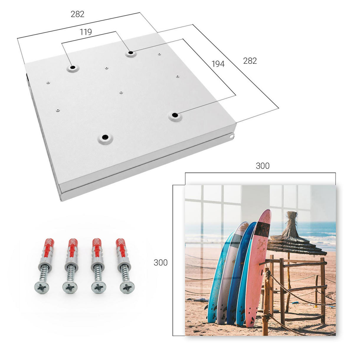SCHLÜSSELBOX Weiß 30x30 cm – Türöffnung nach rechts - Strand-Surfbretter - Blau, Metall (30/30/5cm) - TULUP