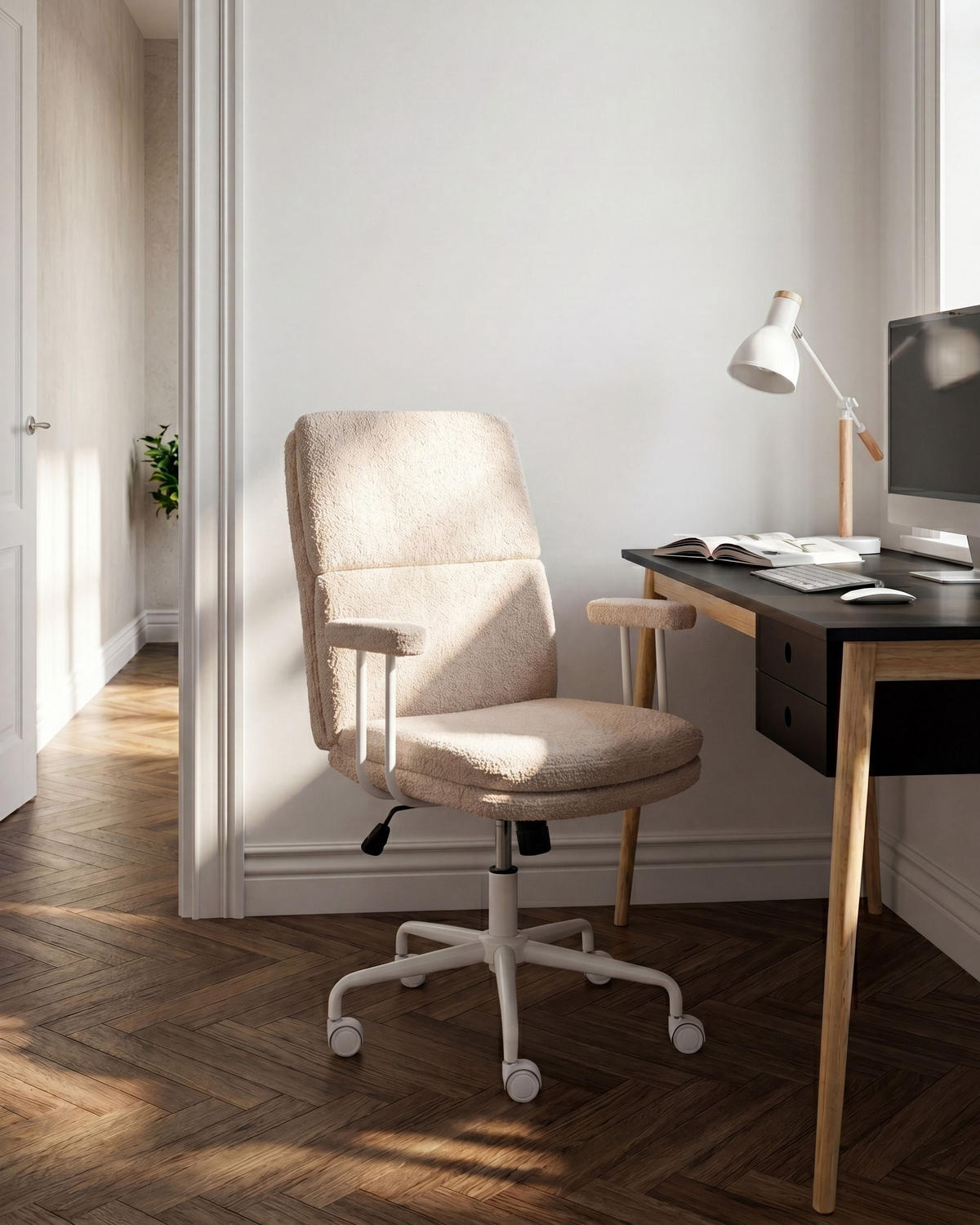 BÜROSTUHL Bouclé Cremeweiß Vero - Creme, Textil (62/100/65cm) - Beliani