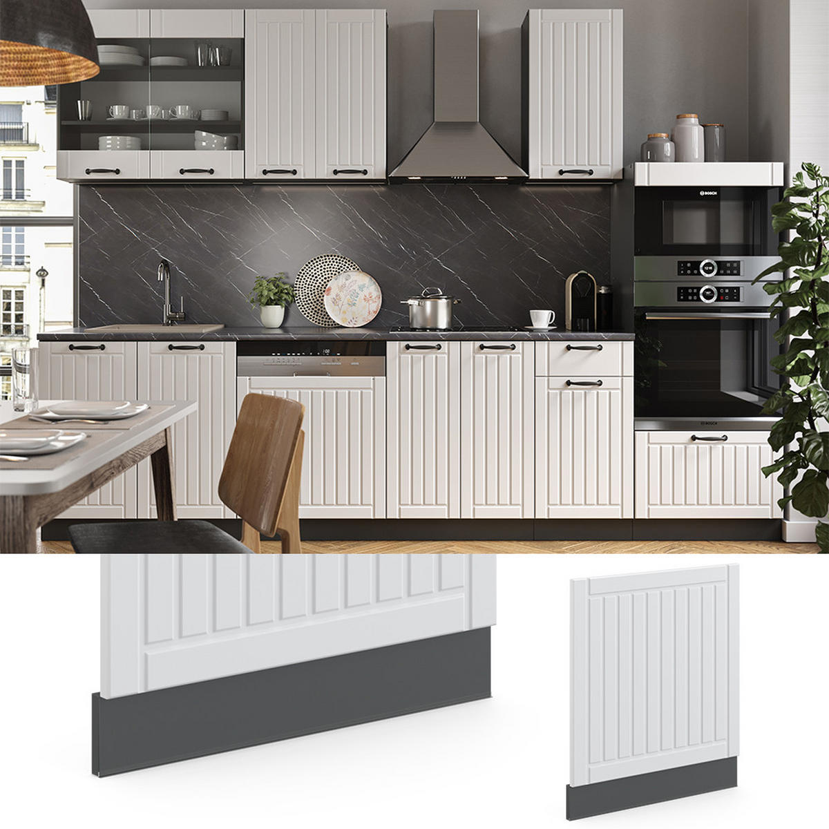 FRONTBLENDE Fame-Line Weiß Landhaus 60 cm, AP Marmor - Anthrazit/Creme, Holzwerkstoff (60/67.4/1.6cm) - Vicco