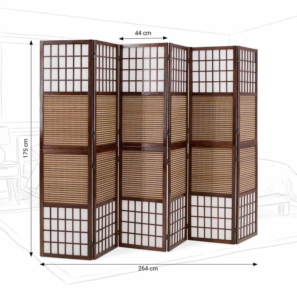 PARAVENT 6-tlg. 264/175 cm Braun Bambusstreben - Braun, Holz (264/175/2cm) - Homestyle4u