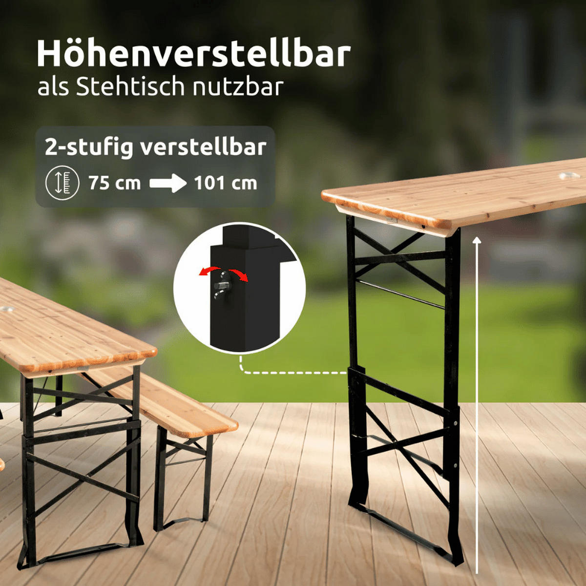 BIERZELTGARNITUR höhenverstellbar 170cm RINHO Bierbank Biertisch - Braun, Holz - DELUKE