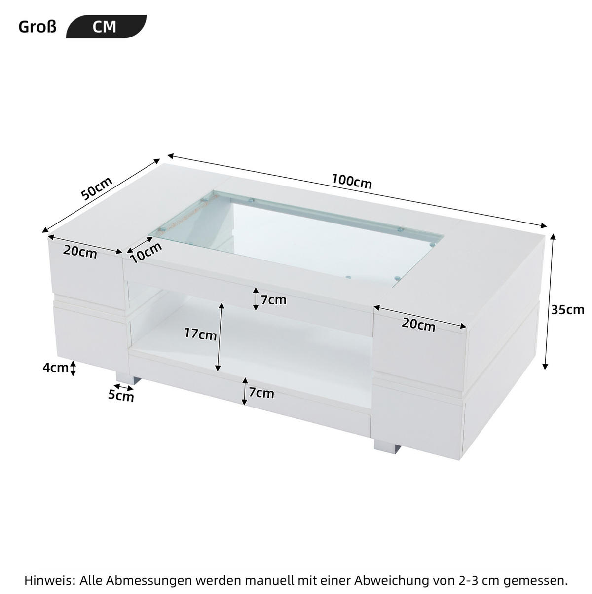 KONFERENČNÍ stolek, 100/50/35 cm bílý, s LED osvětlením a skleněnou deskou - bílá, kompozitní dřevo (100/50/35cm) - BEAOK