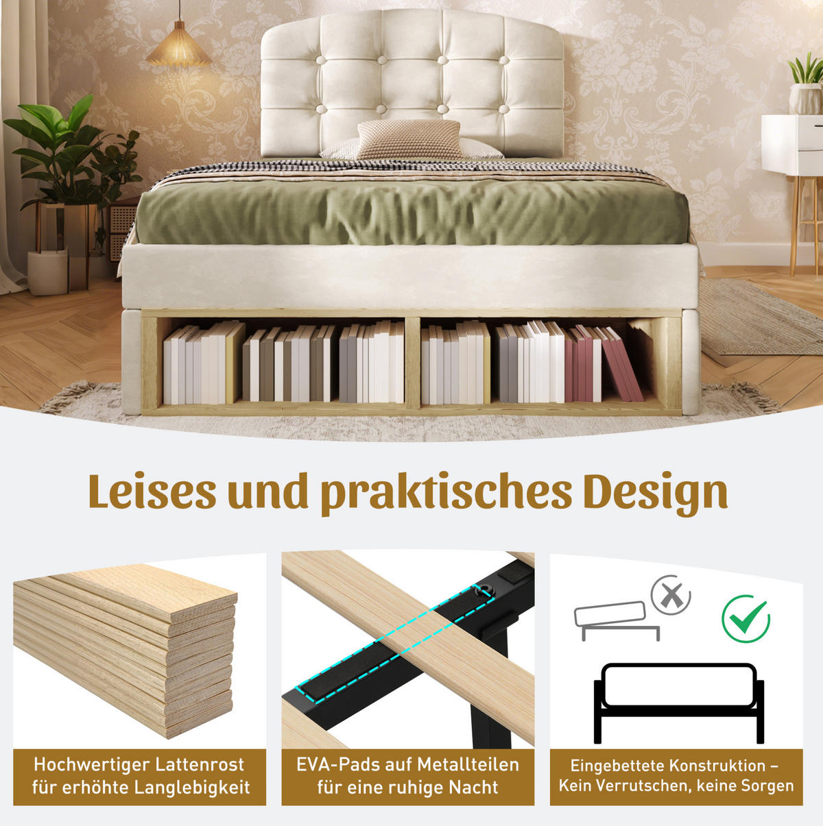 POLSTERBETT 90/200 cm Beige aus Samt mit höhenverstellbarem Kopfteil - Beige, Textil (90/200cm) - OKMYHOME