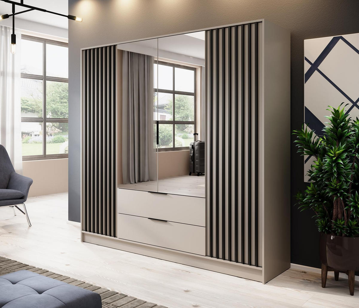 KLEIDERSCHRANK Nelly Kaschmir, Schrank viertürige mit Spiegel - Kaschmir/Schwarz, Holzwerkstoff (206/200/51cm) - Bettso