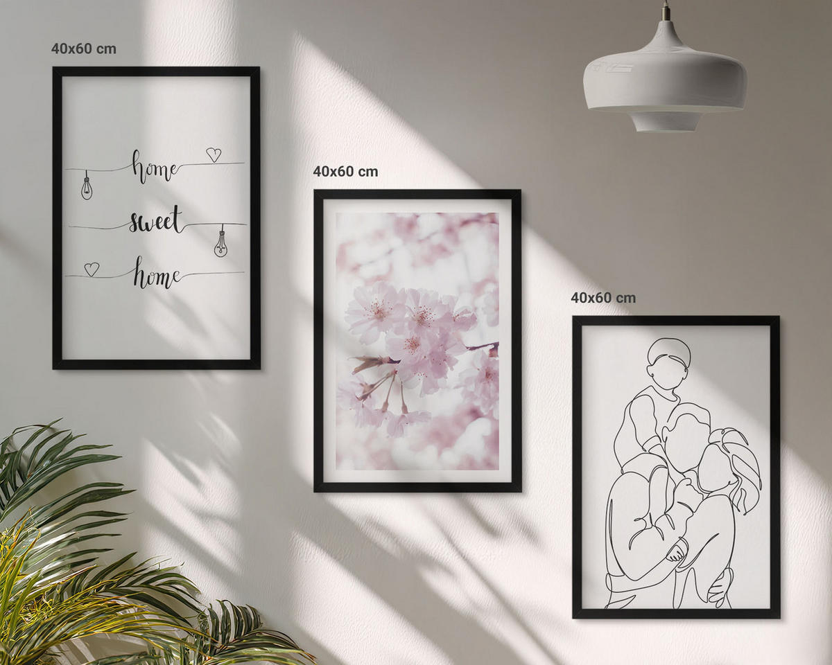 BILDER SET 3er Set - 40x60 cm Schwarzer Rahmen - Blumenfamilie minimalistisch - Schwarz, Kunststoff (40/60cm) - TULUP