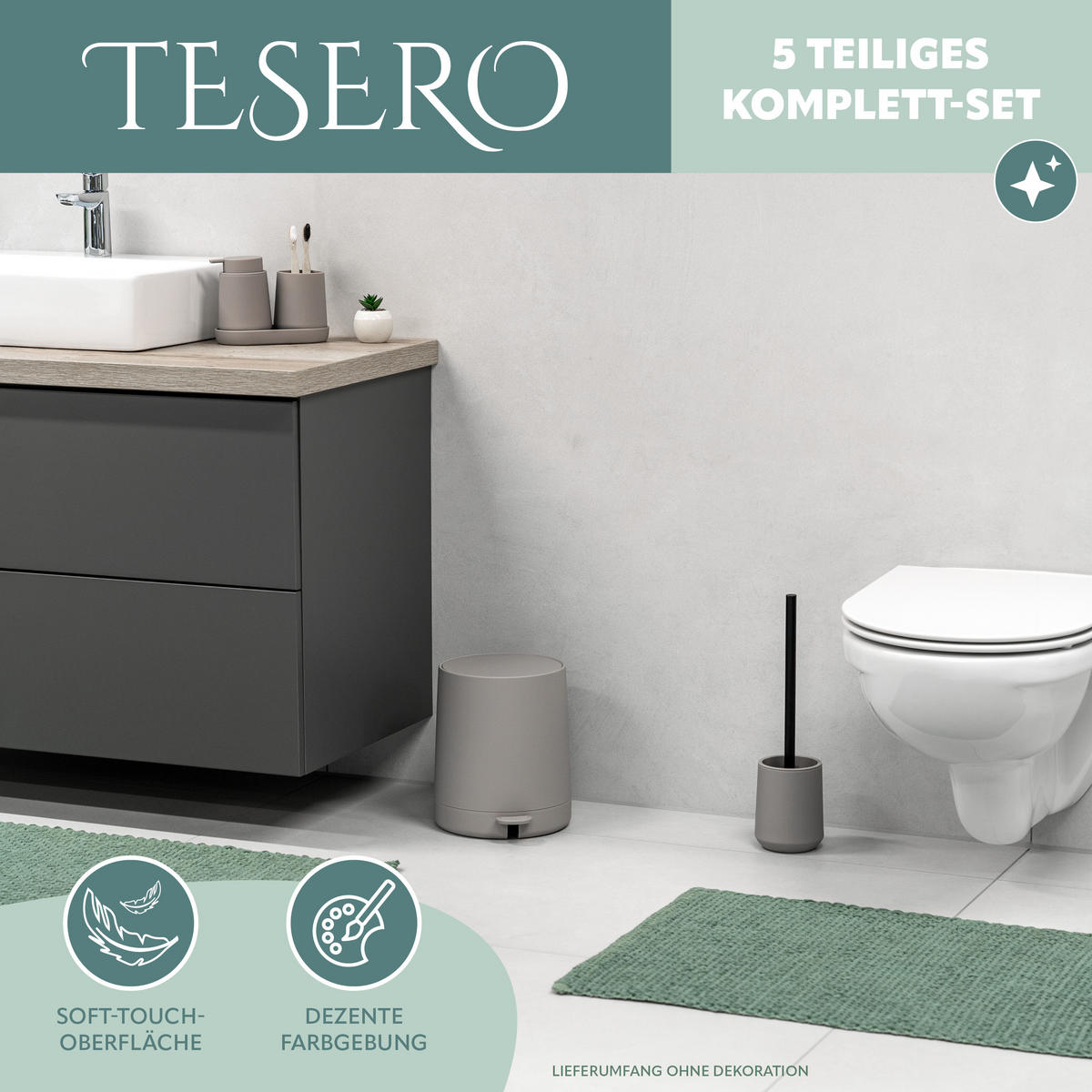 BAD-ACCESSOIRES-SET TESERO, Soft-Touch, taupe - Taupe, Kunststoff (22.5/25.5/25cm) - eluno