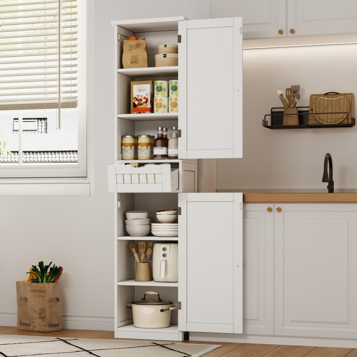 GESCHIRRSCHRANK 170 cm MDF Weiß mit 2 Türen und Retro-Gitterdesign - Weiß, Holzwerkstoff (30/170/40cm) - Korfee