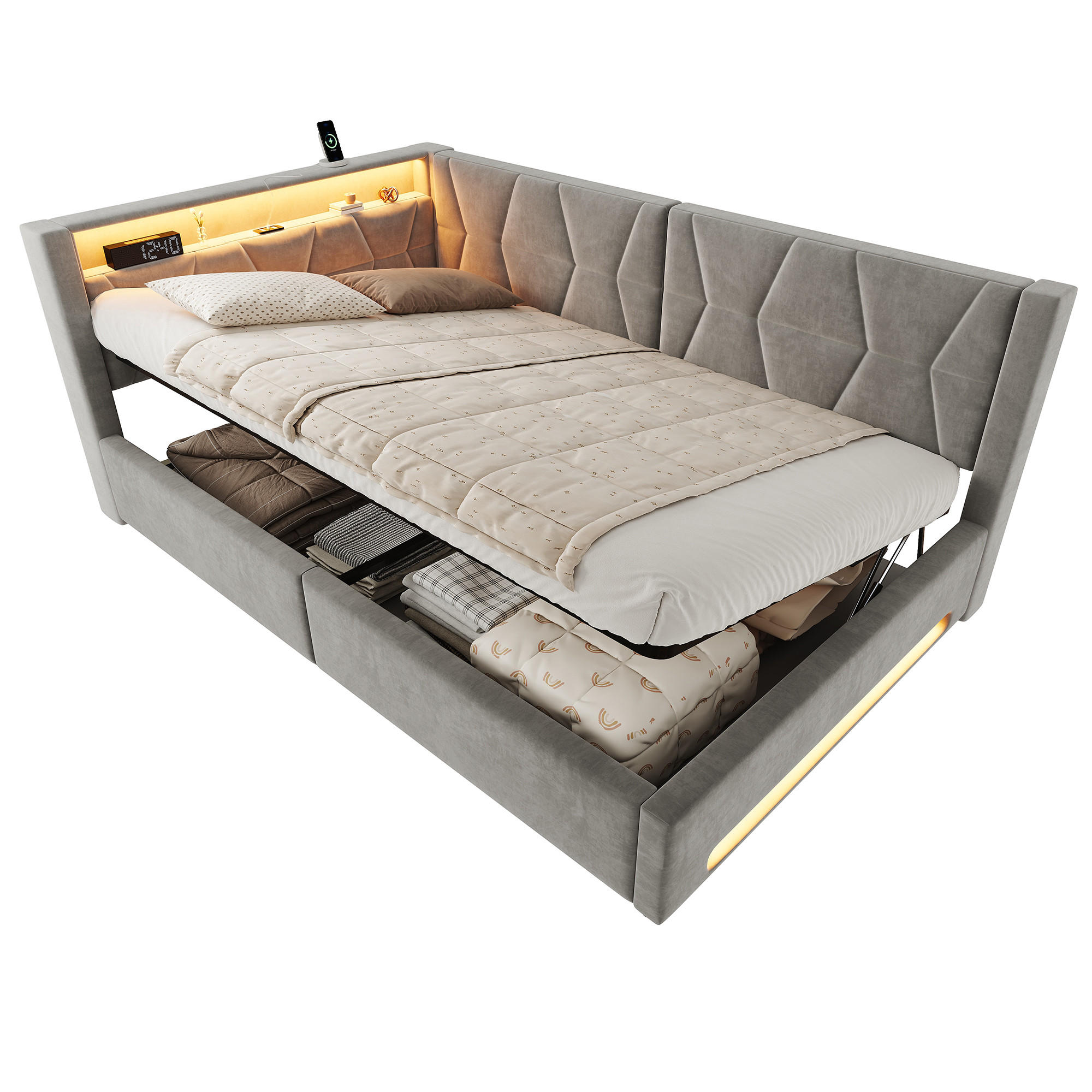 BOXBETT 140/200cm, LED/USB-C, Bettkasten, Lattenrost, Dunkelgrau - Dunkelgrau, Holz/Metall (140/200cm) - LVHOM