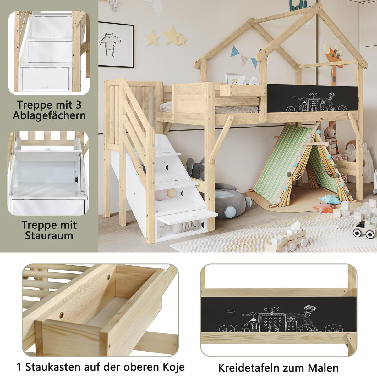 ETAGENBETT 90/200 cm mit Kreidetafel, Stauraumtreppe und Dachrahmen aus Holz, Weiß/Natur - Weiß, Holzwerkstoff (90/200cm) - Redom