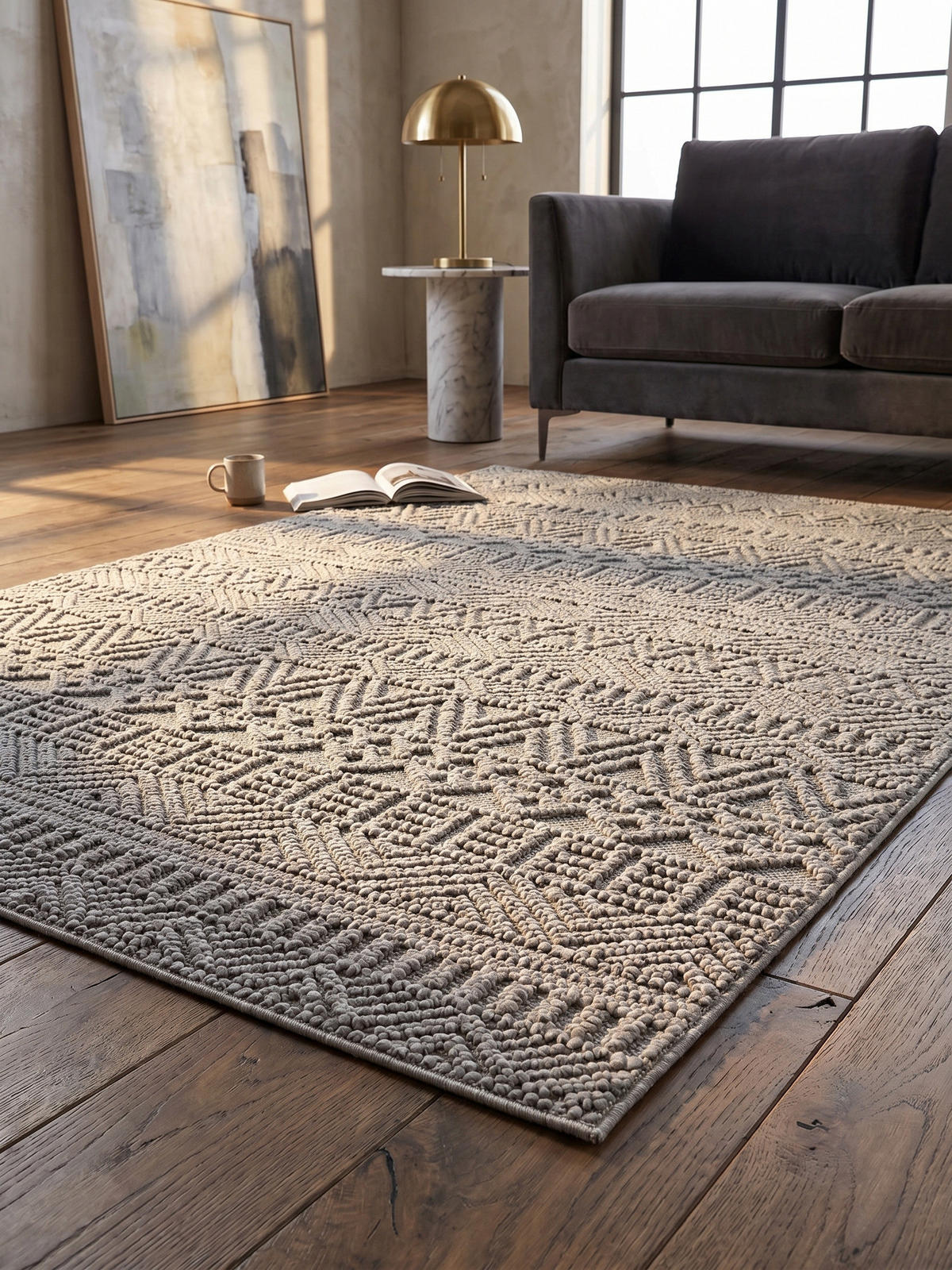 TEPPICH Flachgewebe LANGAU in Silber, mit Ethno-Streifen, 240 x 340 cm - Silberfarben, Textil (240/340cm) - KADIMA DESIGN