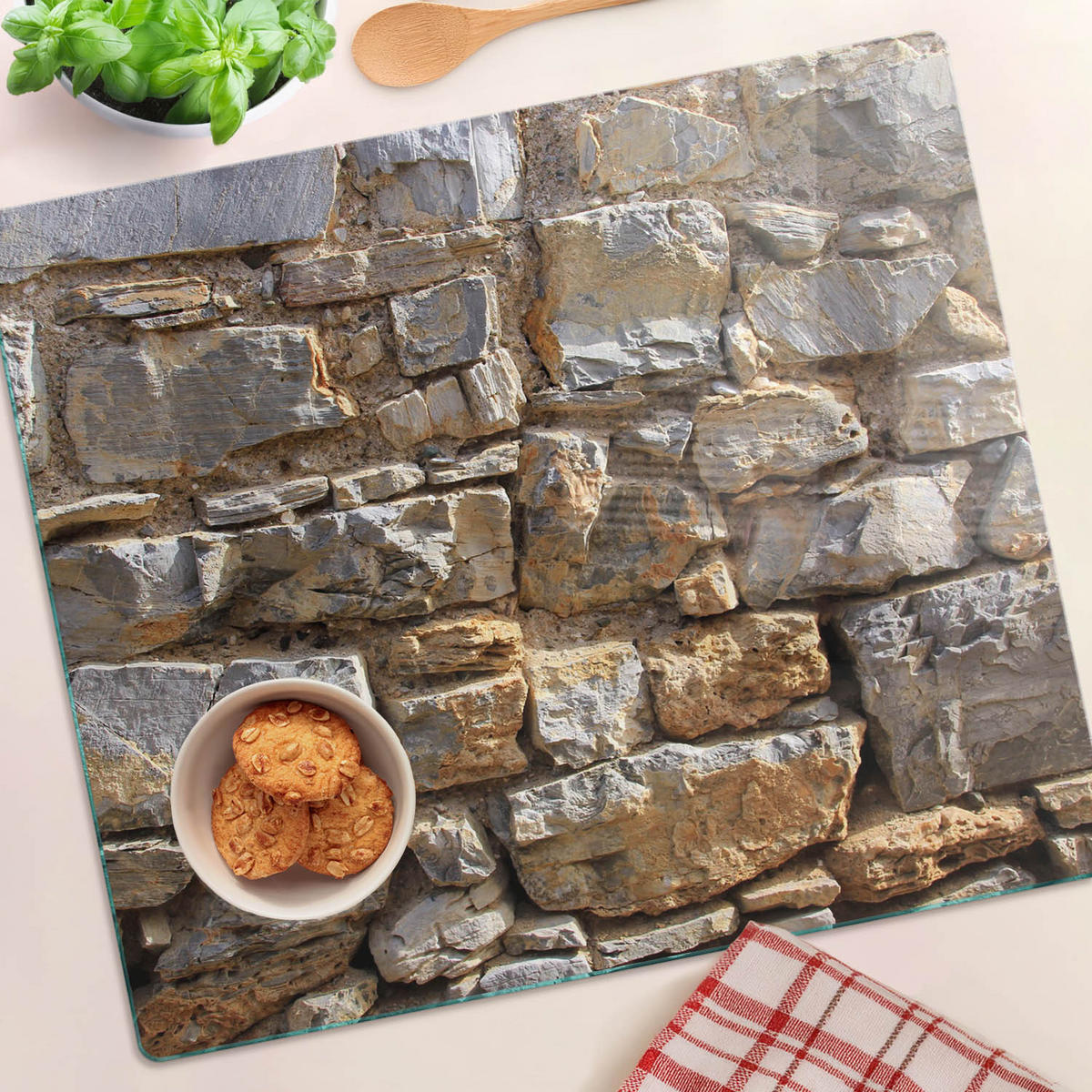GLASPLATTE 60x52 cm Steinmauer - Braun, Glas (60/0.4/52cm) - TULUP