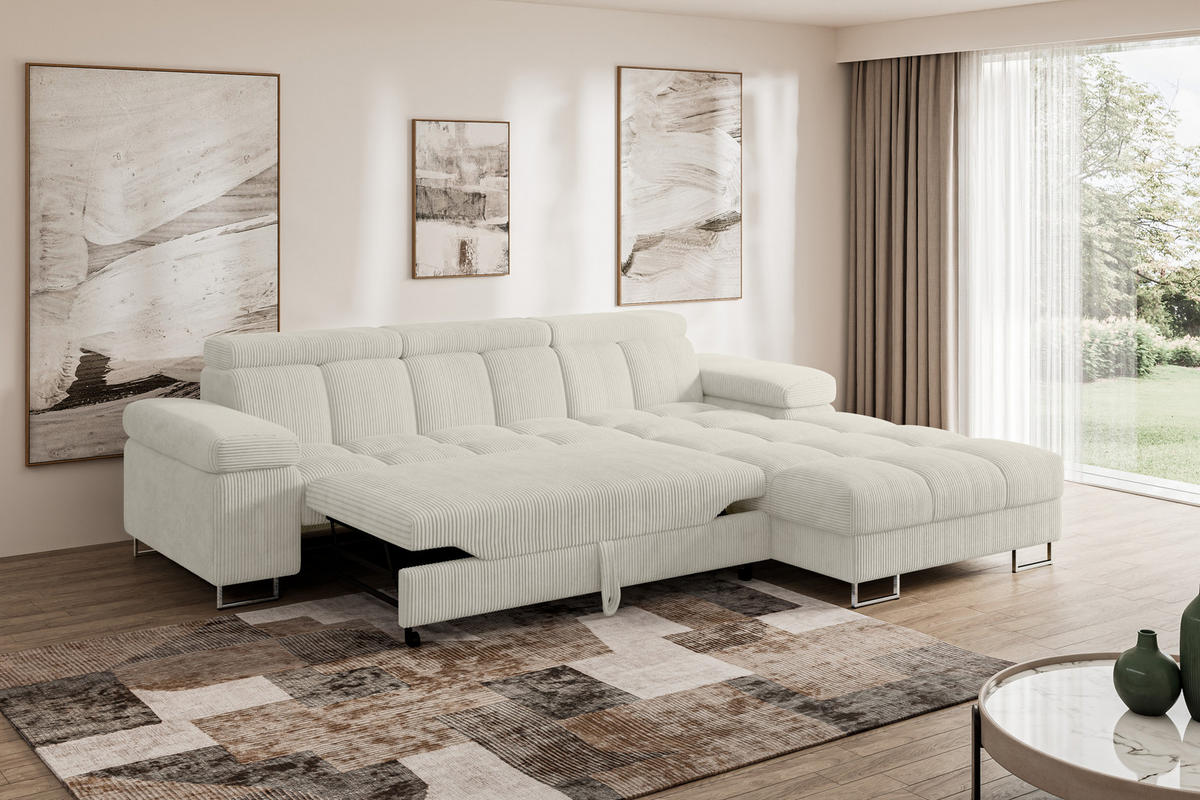 ECKSOFA mit Schlaffunktion Ottomane Rechts COMA L 271x203x79 Creme Cord - Mokka, Holzwerkstoff/Textil (203/271cm) - ALTDECOR
