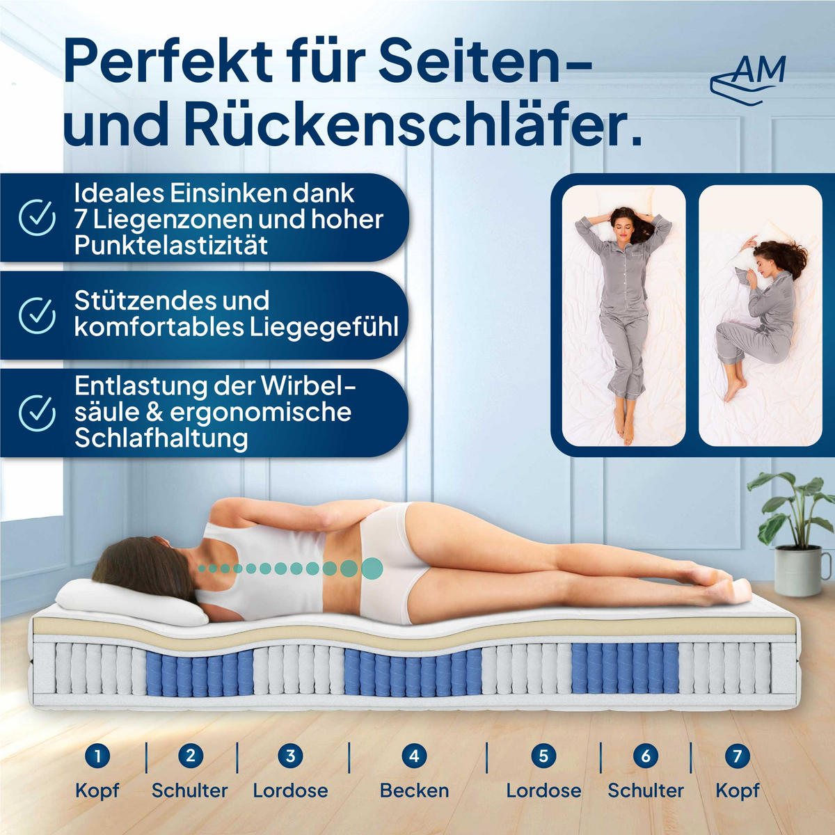 LATEX TASCHENFEDERKERNMATRATZE 1000 Federn 200/200 cm H2 - 24cm Höhe & Tencel Bezug - Weiß, Textil (200/200cm) - AM Qualitätsmatratzen