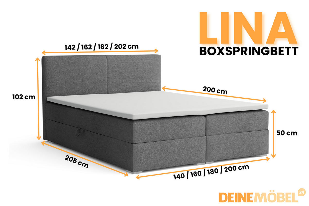 BOXBETT LINA 160/200 in Boucle Grau H3 - Grau, Holz/Holzwerkstoff (160/200cm) - Deine Möbel 24