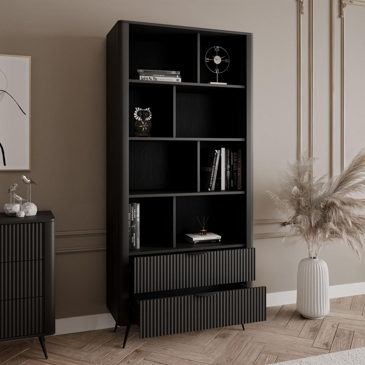 REGAL SCARLETT MIT SCHUBLADEN SCHWARZ - Schwarz, Holzwerkstoff (88/193.8/38cm) - Lookway