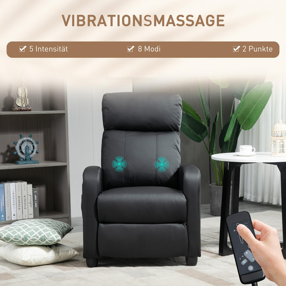 MASSAGESESSEL mit Liegefunktion, Relaxsessel mit Massagefunktion, Fernsehsessel - Schwarz, Leder/Kunststoff (88/98/68cm) - HOMCOM