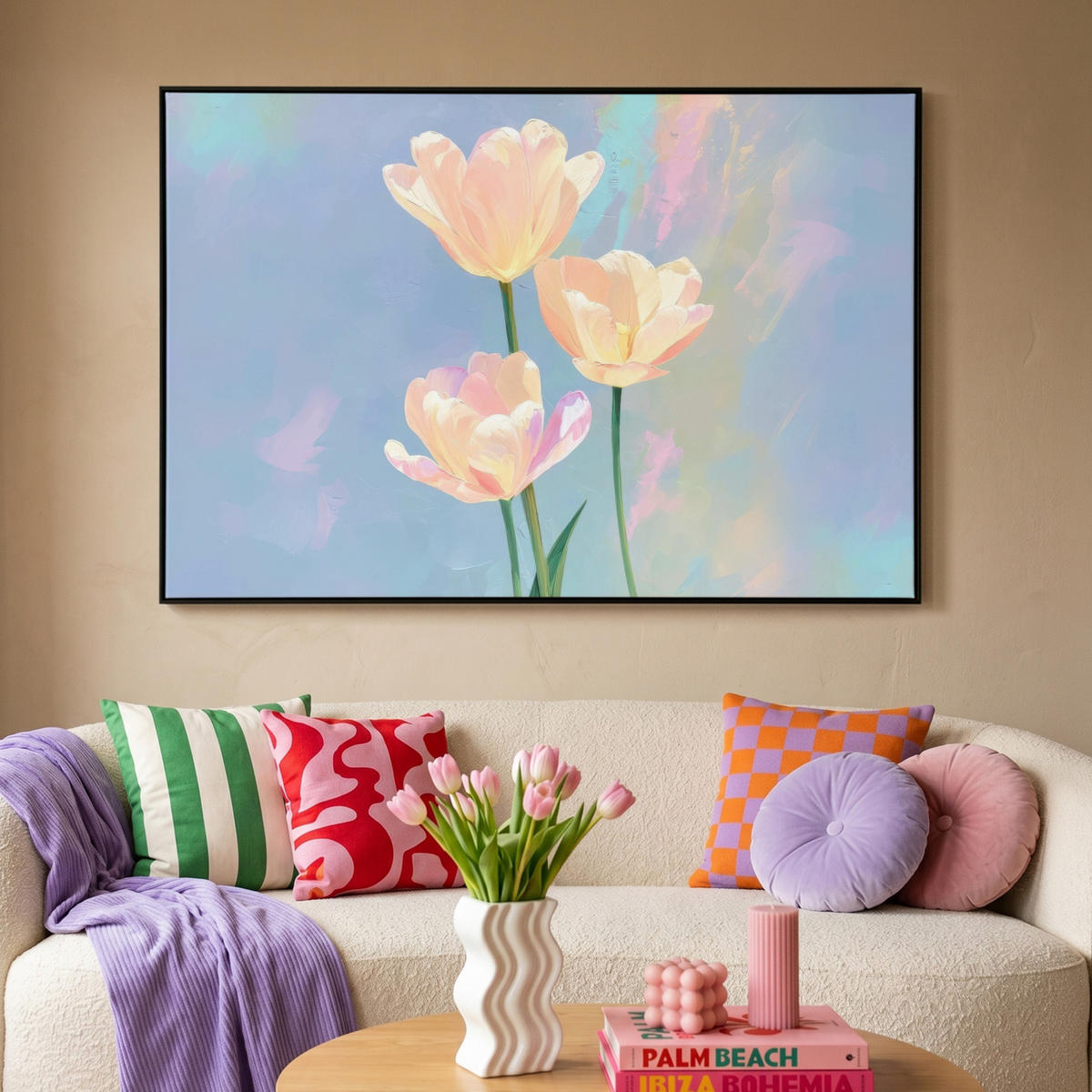 LEINWAND Bilder mit Rahmen - Tulpen - Rosa Akzente - Blau - 120x80 - Pastellblau, Textil (120/80cm) - MuchoWow