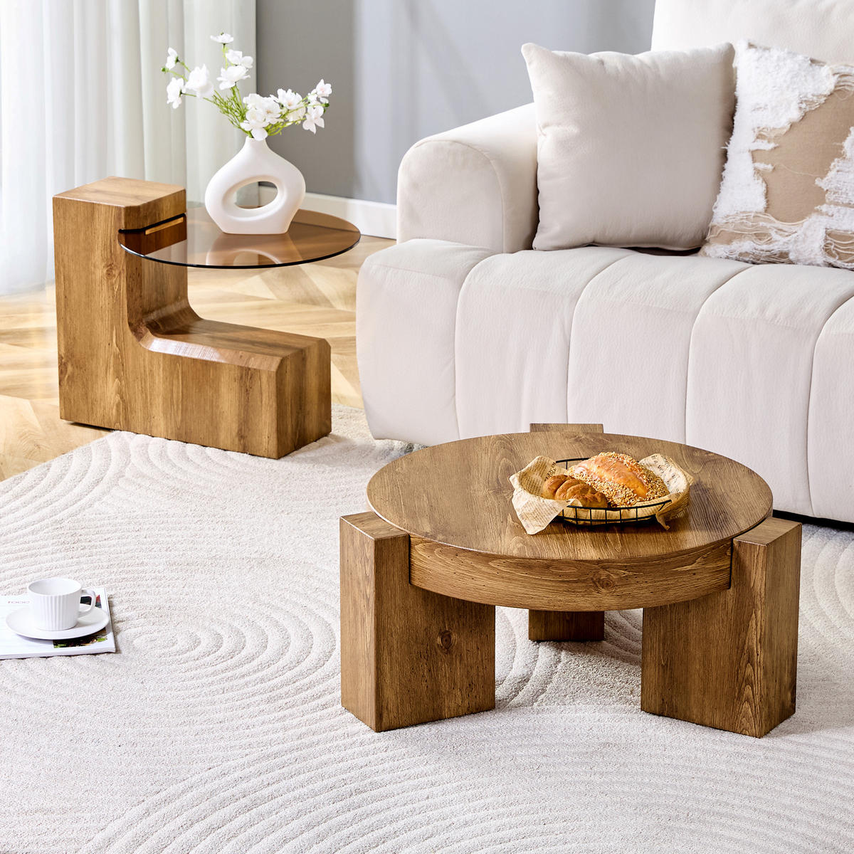 COUCHTISCH in Naturfarbe 2er-Set Couchtisch-Kombination mit Glasplatte für Wohnzimmer, B44/T62/H44 cm, Ø61/H30 cm - Naturfarben, Glas/Holzwerkstoff (61/61/30cm) - STILVORA