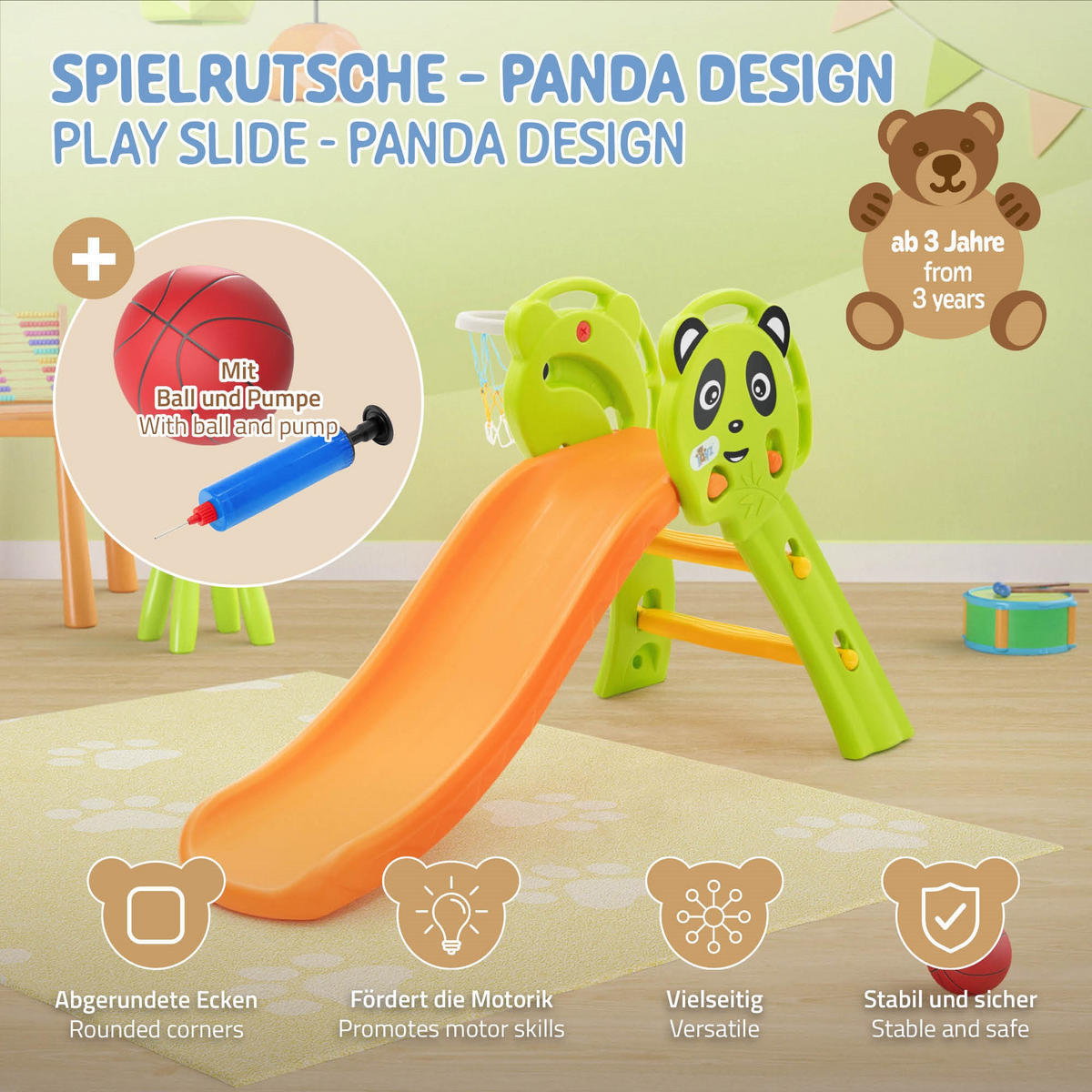 KINDERRUTSCHE 2 in 1 Kleinkinderrutsche mit Basketballkorb Grün-Orange - Orange, Kunststoff (114/87/68cm) - Joyz