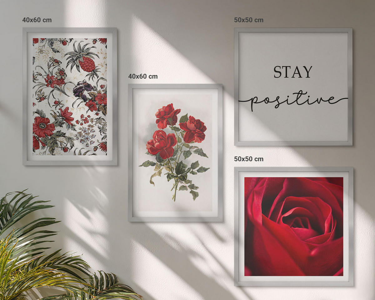 BILDER SET 4er Set - 50x50 cm & 40x60 cm Silberner Rahmen - Inschrift mit roten Rosen - Silberfarben, Kunststoff (50/50cm) - TULUP