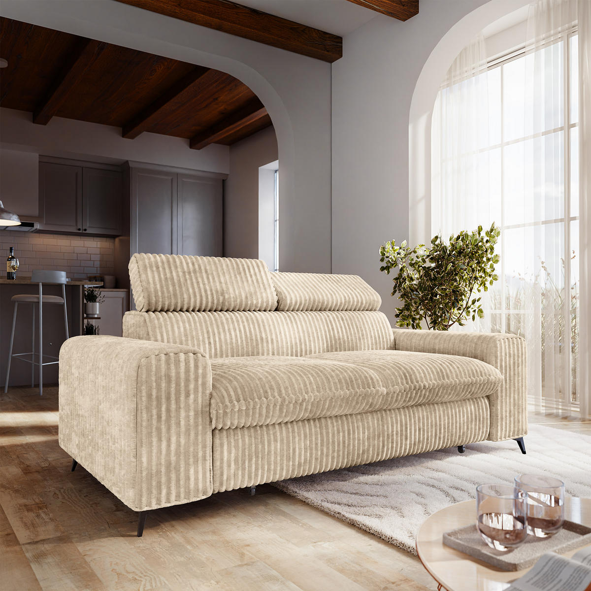 BETTSOFA BENETE Creme Cordstoff mit Schlaffunktion - Creme, Holz/Textil (191/89/92cm) - MASSENO