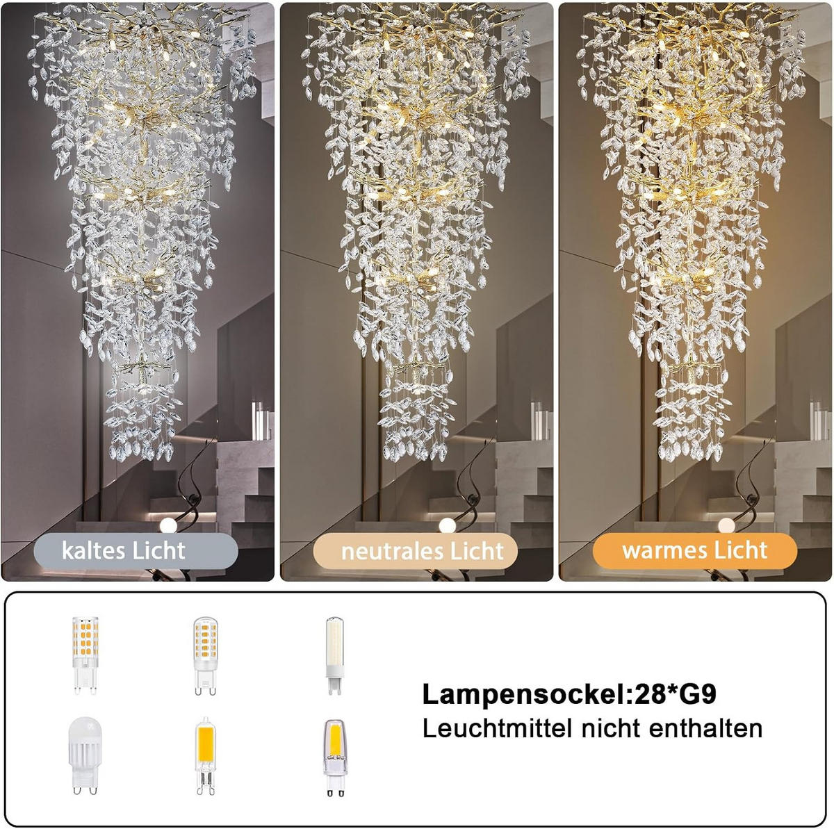TREPPEN-KRONLEUCHTER 160 cm 5-stufiger K9‑Kristall Baumzweig Gold für Eingangsbereich und Wohnzimmer - Gelb, Naturmaterialien (75/67/41.5cm) - Surtime