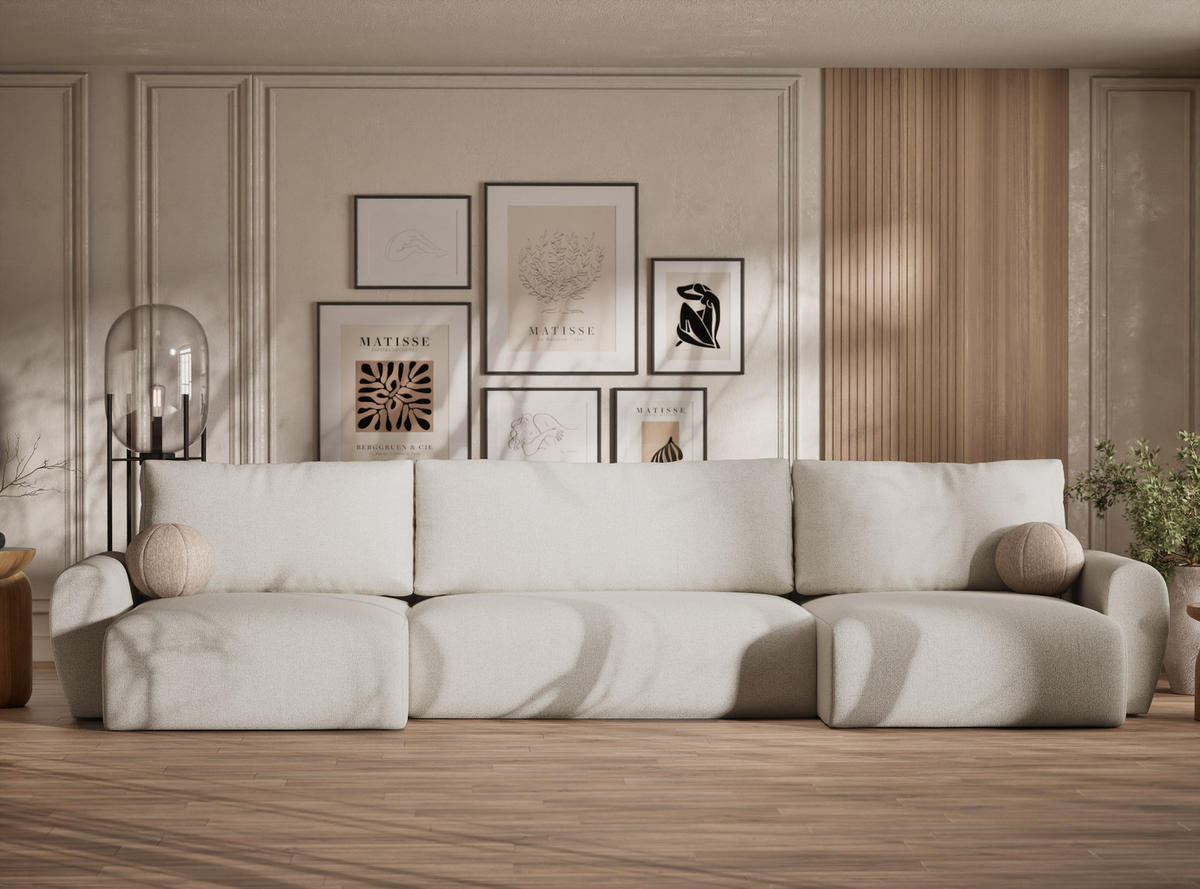 WOHNLANDSCHAFT MIT SCHLAFFUNKTION Numba Creme Webstoff - Creme/Schwarz, Holz/Holzwerkstoff (397/70/153cm) - Maison de Reve