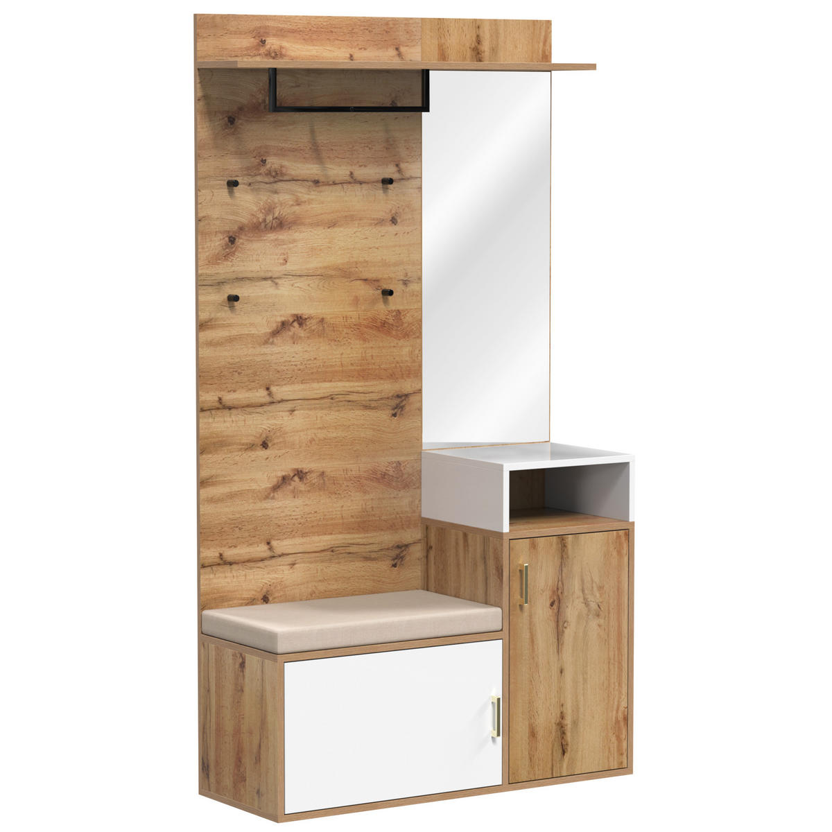 SCHUHSCHRANK aus MDF & Spanplatte 105x40x190,5cm in Weiß & Holz mit Spiegel - Weiß, Holzwerkstoff (105/190.5/40cm) - Modfu