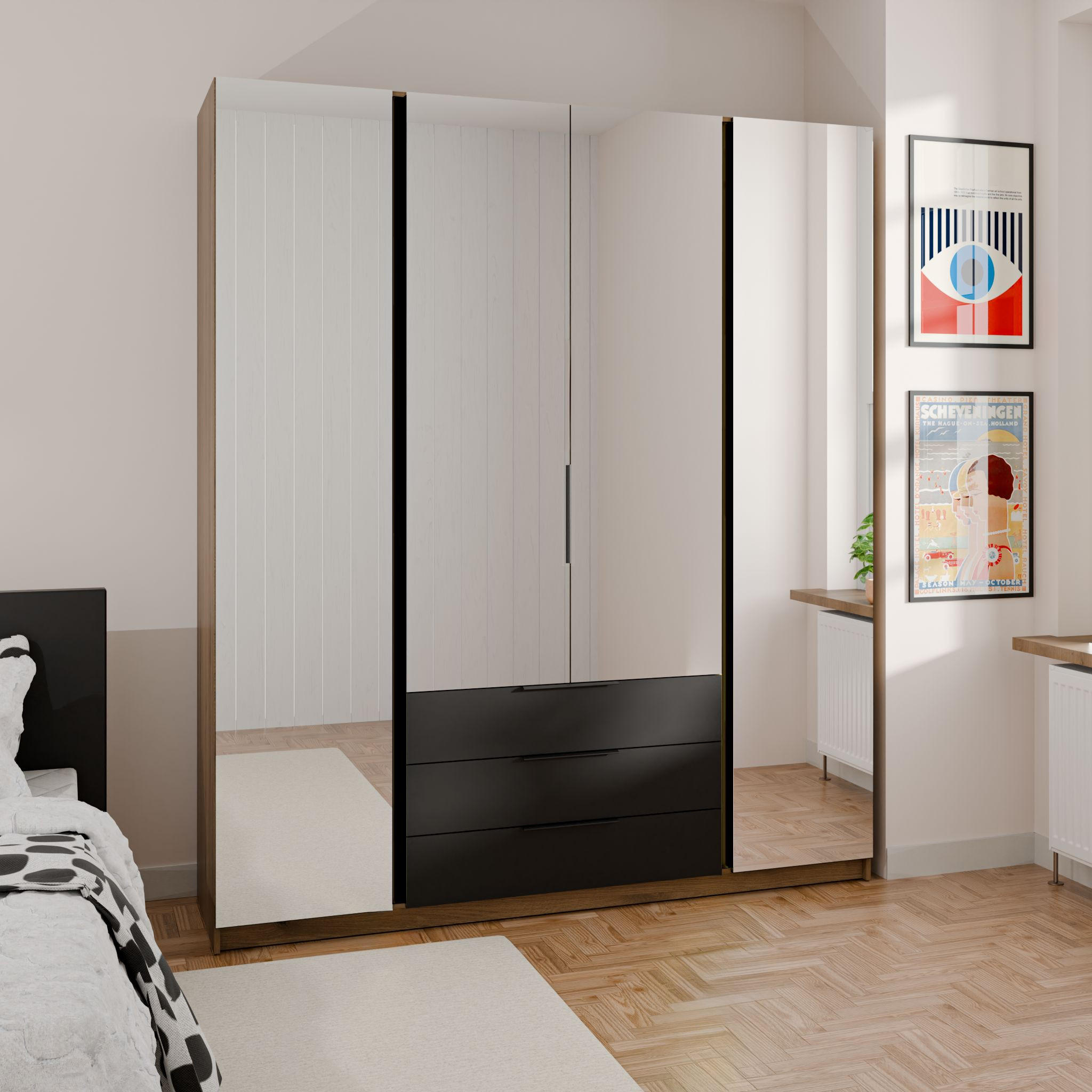 DREHTÜRENSCHRANK CAGLIARI 200/239/61,9cm 4-türig mit Spiegel Goldfarben - Goldfarben/Schwarz, Holzwerkstoff (200/239/61.9cm) - MASSENO