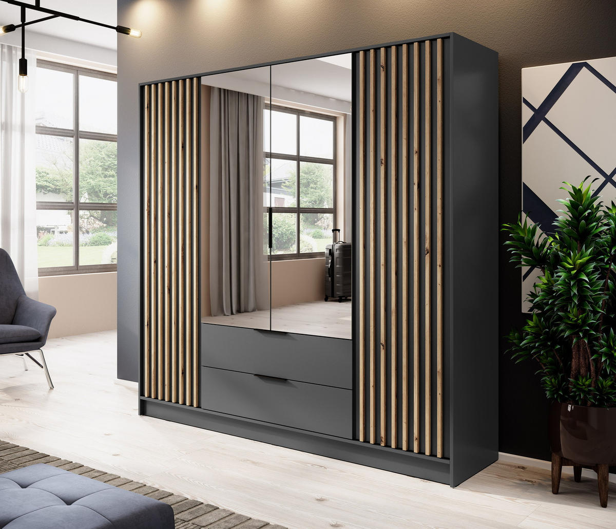 SCHRANK mit Spiegel 200 cm Fioro - 4 Türen, Lamellen, Schubladen, Graphit - Graphitfarben, Holz (205/200/51cm) - Emporius