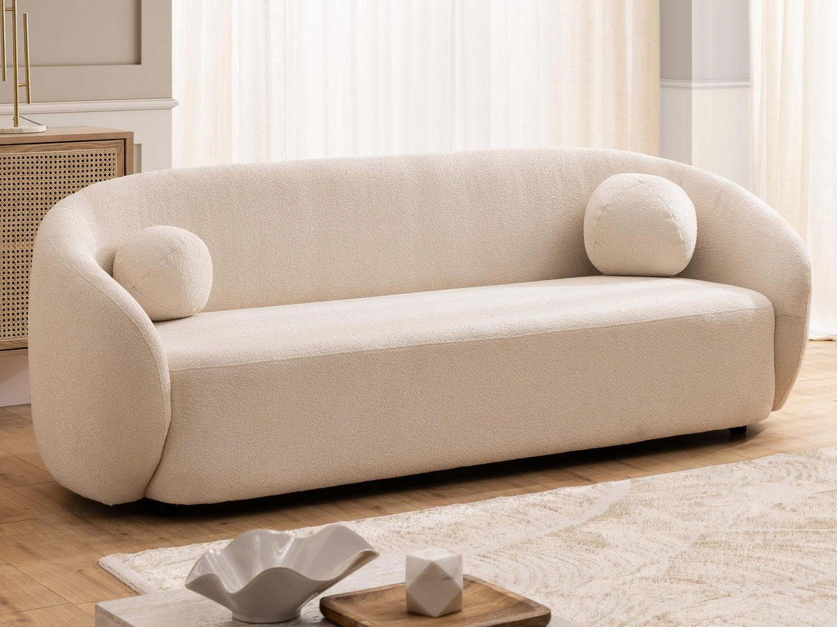 SITZGARNITUR 3+1 Roundi Cremeweiß Bouclé - Creme/Schwarz, Holz/Kunststoff (208/76/80cm) - S-Style Möbel