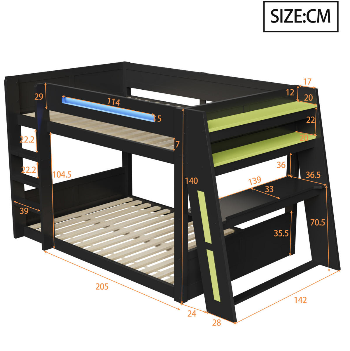 ETAGENBETT 140/200 cm aus MDF und Kiefer mit Schreibtisch, USB, LED und Ablagen, Schwarz/Grün - Schwarz, Holzwerkstoff (140/200cm) - Redom
