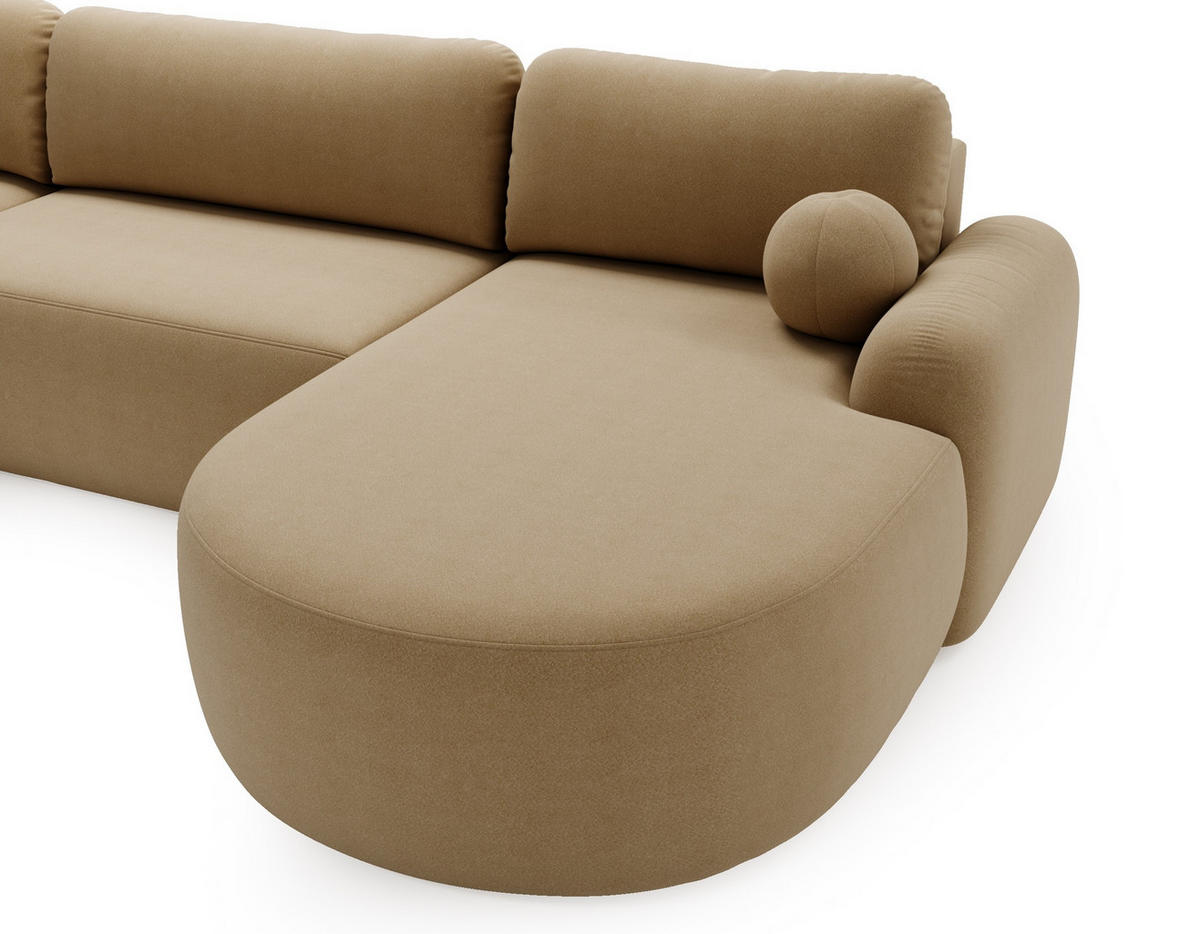 WOHNLANDSCHAFT Cloudy Beige, mit abgerundeten Seiten und Kissen - Beige, Holzwerkstoff (377/92/177cm) - Bettso