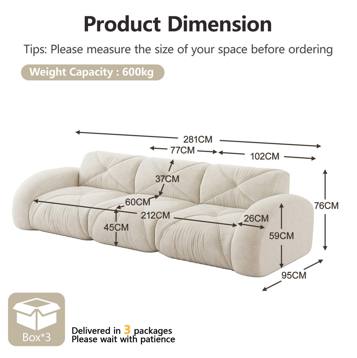SOFA rahmenlos 3-Sitzer Chenille Weiß - Weiß, Kunststoff (95/76/281cm) - Meubliv