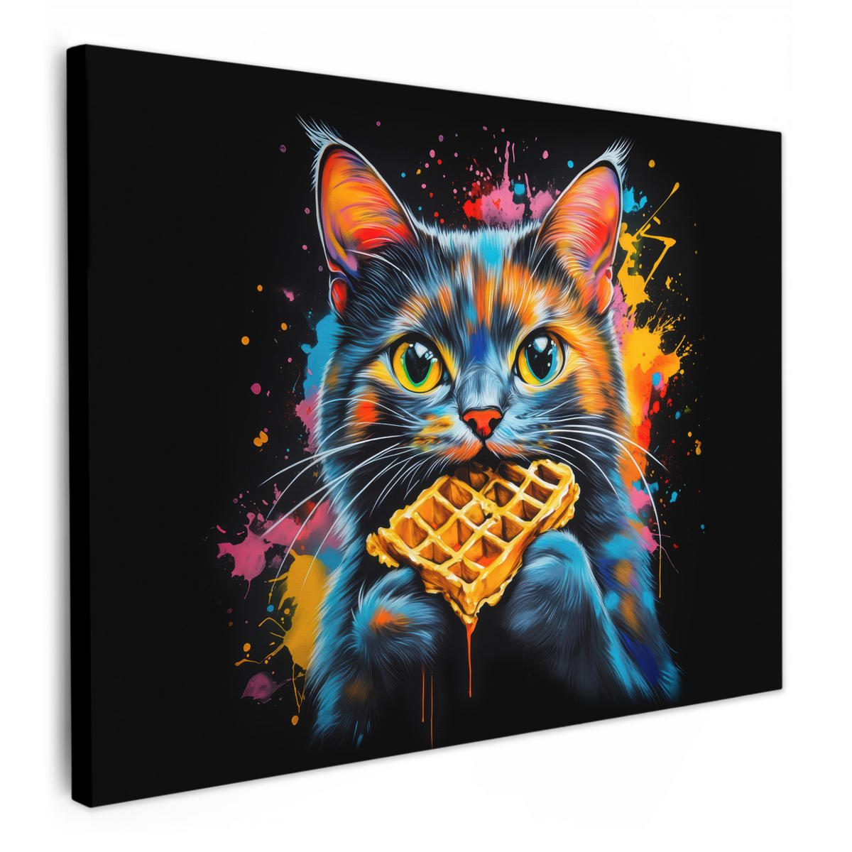 LEINWANDBILD Katze - Graffiti - Bunt - Waffel - Essen Wandbilder 80x60 cm - Türkis, Textil (80/60cm) - MuchoWow