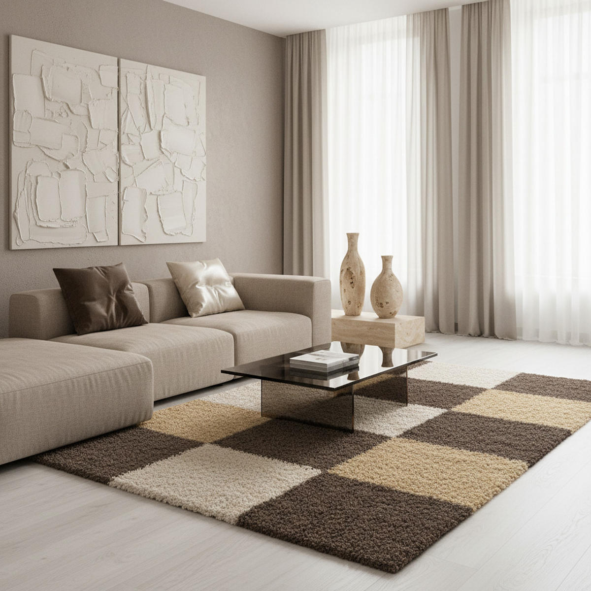 TEPPICH Hochflor Karo Polypropylen Wohnzimmer Shaggy Mokka Rechteckig 120x170 - Braun, Textil (120/170cm) - KADIMA DESIGN